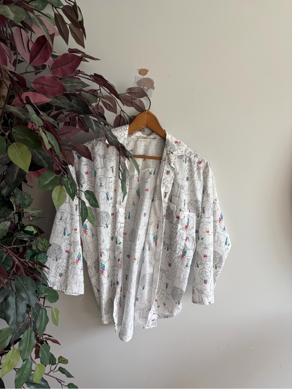 Sweet Baby Jane White Button-Up Shirt with Multicolor Cartoon Print